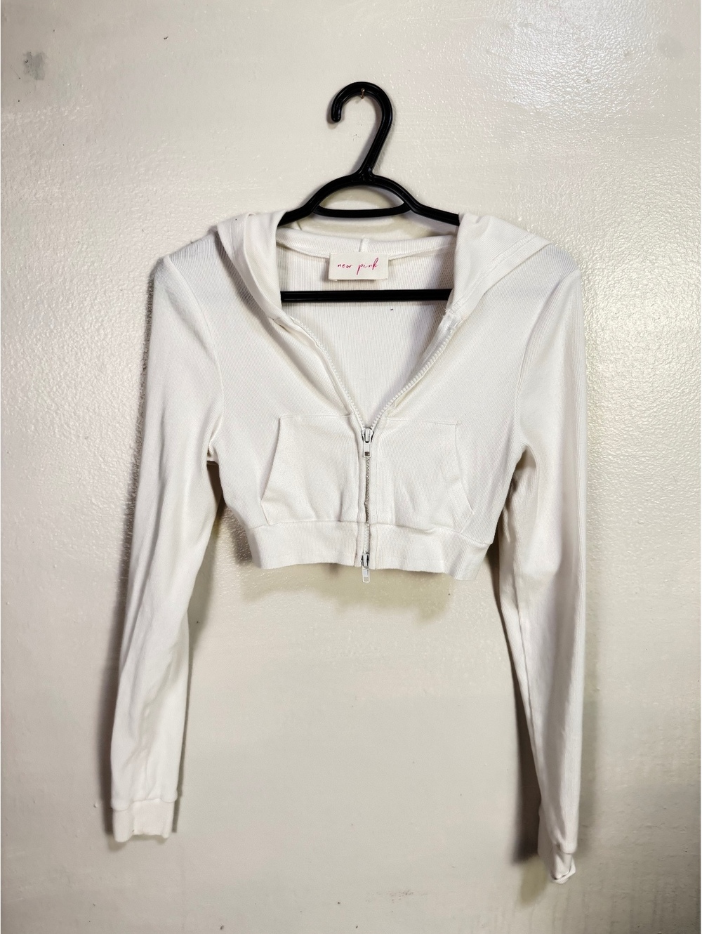New Pink White Cropped Zip-Up Hoodie Sweatshirt